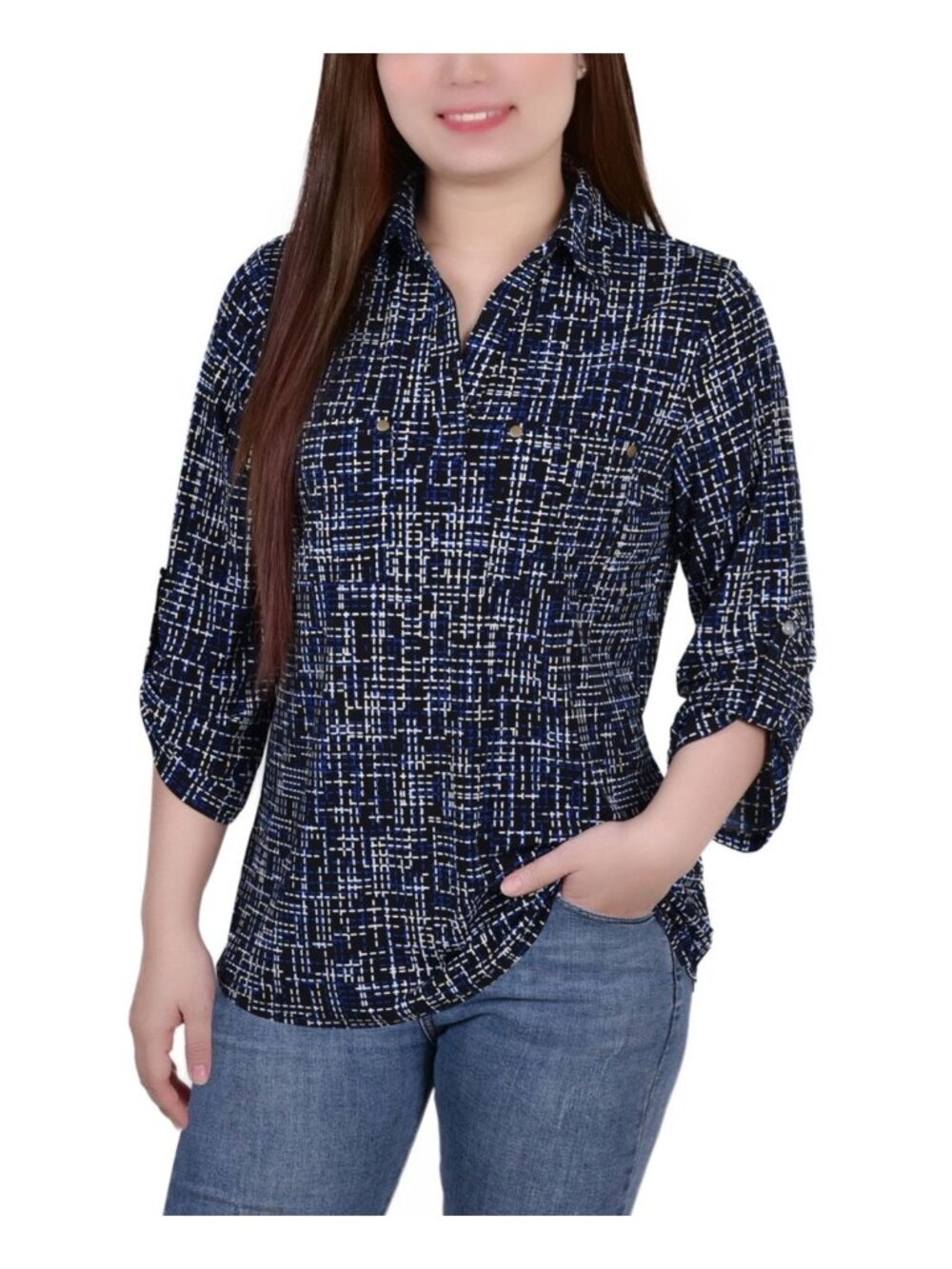 NY Collection Womens Ruched Sleeve Printed Knit Blouse Petite Blue Size PM NWT